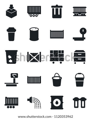 Set of vector isolated black icon - trash bin vector, bucket, watering, railroad, truck trailer, cargo container, consolidated, package, oil barrel, heavy scales, archive box, water filter