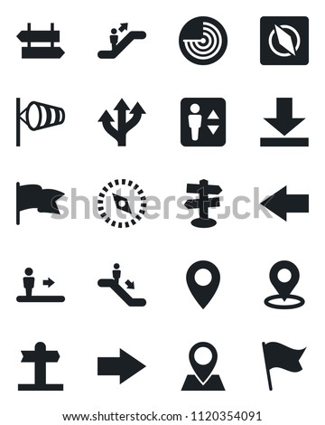 Set of vector isolated black icon - elevator vector, escalator, signpost, right arrow, left, wind, radar, route, pin, download, place tag, compass, flag