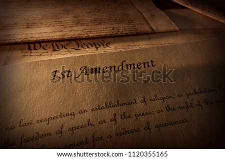 First Amendment of the US Constitution text, with other Constitution text above                                 Royalty-Free Stock Photo #1120355165