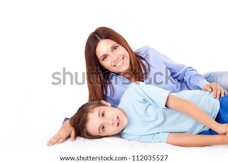 Happy mother with her child over white background