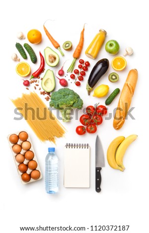 Photo of apples, oranges, pasta, broccoli, avocado, carrots, blank notebook, eggs, bottle of water, knife