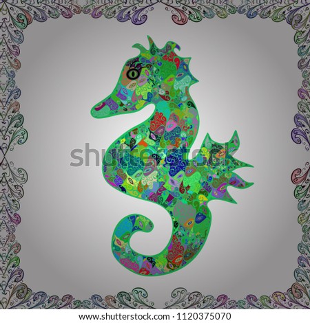 Tigertail Seahorse cutout. Vector art. Scribble, sketch, doodle. Seahorse on white, green and blue background. Perfect for surface textures, wallpapers, web page backgrounds, textile. Seamless pattern