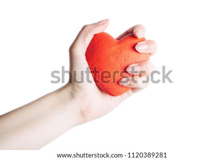 female hand with red heart on palm, isolated on white background. concept of a healthy lifestyle and love