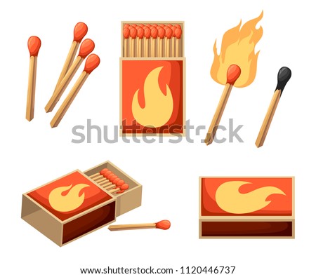 Collection of matches. Burning match with fire, opened matchbox, burnt matchstick. Flat design style. Vector illustration isolated on white background. Royalty-Free Stock Photo #1120446737
