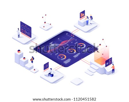 People interacting with charts and analyzing statistics. Data visualization concept. 3d isometric vector illustration. Royalty-Free Stock Photo #1120451582