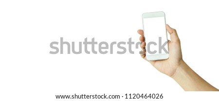 close up asian man hand holding smart phone with blank display screen  on white background for promote product or content : isolated with paths