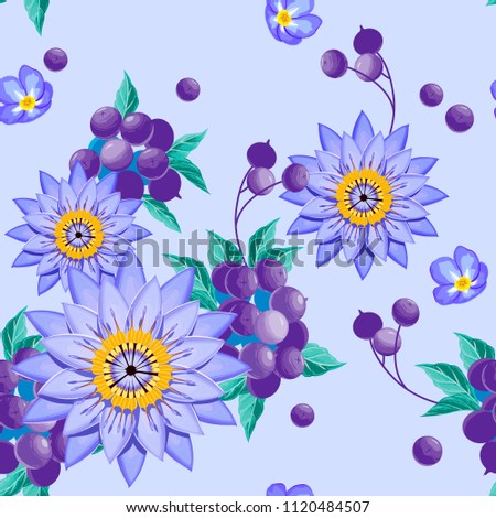Seamless pattern with flowers and blackberries on the blue background