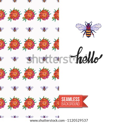 Embroidery flowers and insects greeting card. Salutation card decorated by seamless pattern with embroidered flower, insect bug. Positive motivation text: hello. Stitched fabric style.