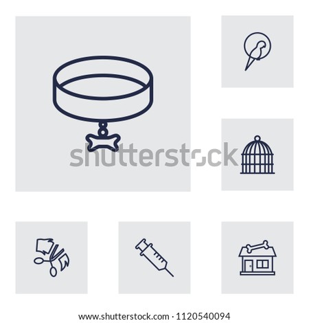 Set of 6 pets icons line style set. Collection of injection, neckband, birdcage elements.