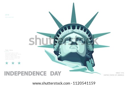  Independence Day, USA. Poster, portrait. Blue Linear Picture. Statute of Liberty, book.2018. Symbol of America. Illustration, white, background. Use presentations, corporate reports,postcards, vector