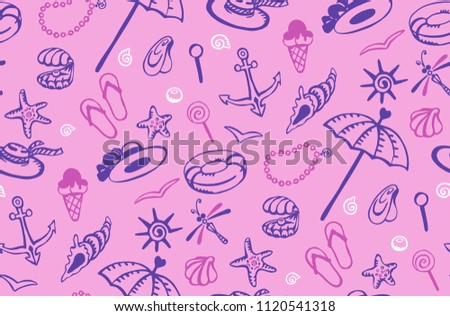 Seamless pattern with images of pearls, umbrella, hats, flasks, seashells, seagulls, dragonflies, starfish, lifebuoys, anchors, ice cream, candy, beads. Hand-drawn set of vector illustration.