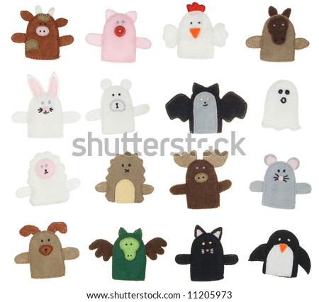 Isolated collection of different finger puppets ( animals )