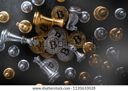 crypto currency bitcoin with chess board play business strategy  ideas concept on black background Royalty-Free Stock Photo #1120633028