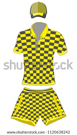 clothes set: polo shirt, baseball cap and shorts black and yellow colors. vector drawing illustration