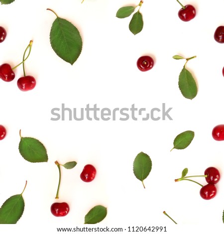 Seamless pattern of fruits. Cherry (Latin Prúnus subg. Cérasus). Isolated on white background, top view, flat lay. Can be used for wallpapers and packaging.