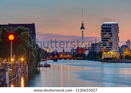The River Spree in Berlin after sunset with the TV Tower in the back