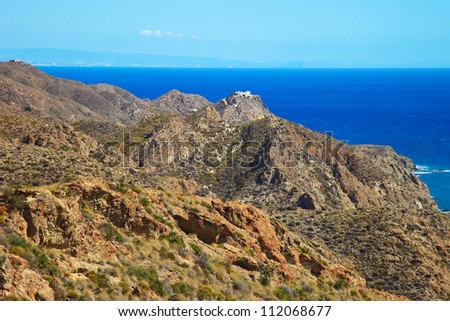 Coastal landscape. Cabo de Gata Nijar Park, Andalusia largest protected area. Rocks near Carboneras.