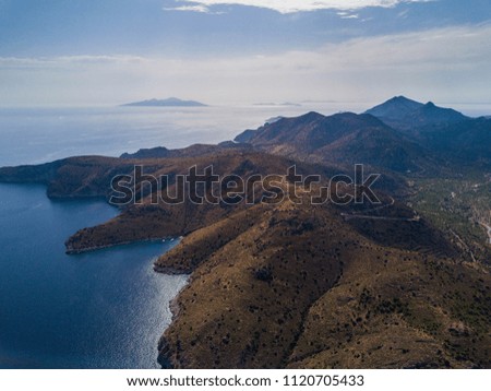 Amazing aerial photo of Datca peninsula, indented coastline between of mediterranean and aegean seas with beautiful turquoise water, altitude about 1 km, Turkey