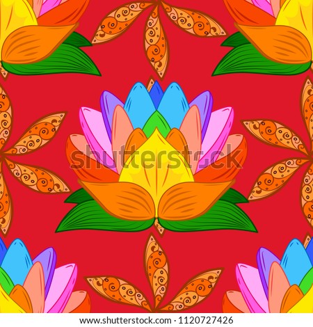 On red, orange and green colors. Indian ornament. Floral wallpaper. Colorful ornamental border. Vector illustration. Seamless pattern.