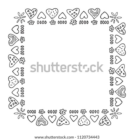 Hand drawn romantic border with hearts isolated on white background. Design element for photo frames,  greeting cards and home decor.