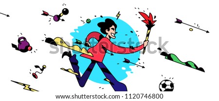 A cartoon character is running with a torch. Vector illustration. The office employee is running. Illustration for a website, banner or print. A corporate character is isolated on a white background.