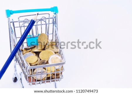 supermarket shopping cart full of euro coins