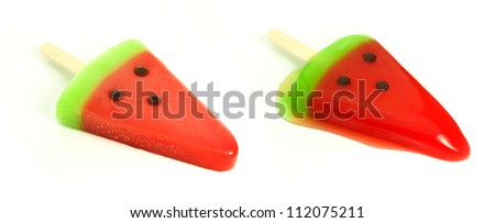 watermelon popsicle that begin to melt on white background