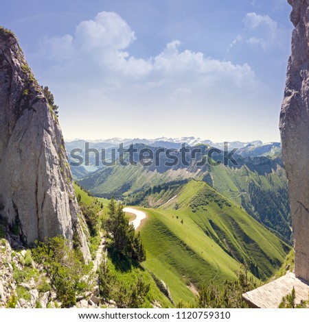 The Rochers de Naye (French, lit. "rocks of Naye"; 2,042 metres (6,699 ft)) are a mountain of the Swiss Alps, overlooking Lake Geneva near Montreux and Villeneuve, in the canton of Vaud. 