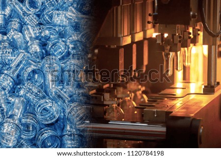 Abstract scene of Automatic PET/ Plastic Bottle Blow Moulding Machine blowing bottle process and raw material.The sample of injection process.