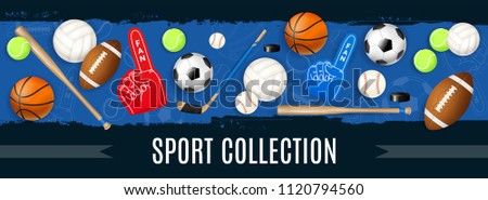 Sport inventory collection with basketball soccer rugby tennis balls puck hockey stick  baseball bat realistic icons vector illustration
