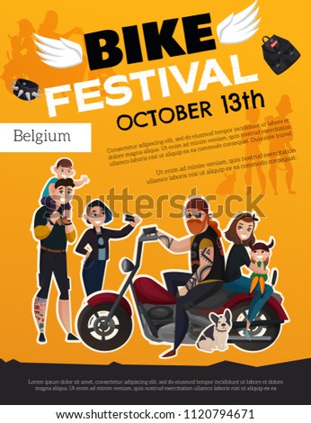 Bike festival poster with people from subcultures metalheads and motor riders on orange background cartoon vector illustration