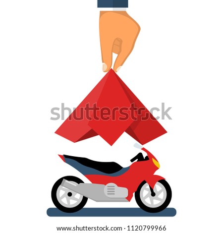 Presentation motorcycle. Moto covered red silk. Man hand take off cloth with chopper. Vector illustration flat design. Isolated on white background. Showing surprise . Exhibition new model.
