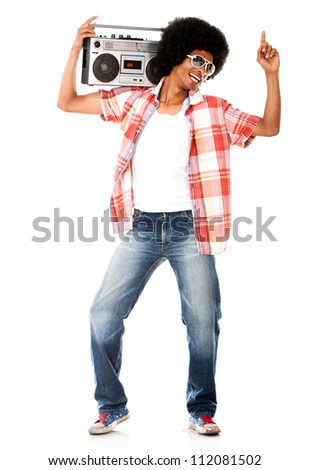 Funky man listening to music on the radio - isolated over a white background Royalty-Free Stock Photo #112081502