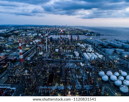 Factory area at twilight.
High angle view.