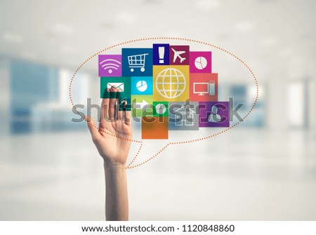 Hand of businesswoman touch colored media user panel on screen