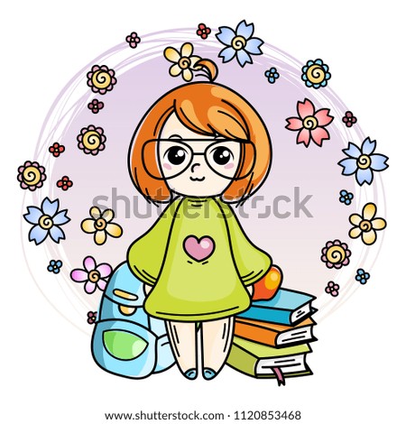 Cute girl ready to School. Vector illustration for books, prints, posters, cards.