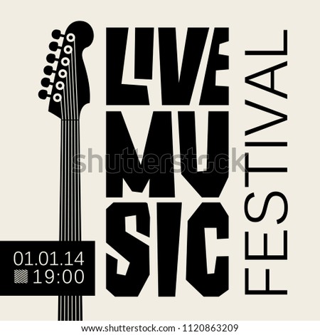 Vector poster or banner for live music festival with neck of acoustic guitar in retro style in black and white colors