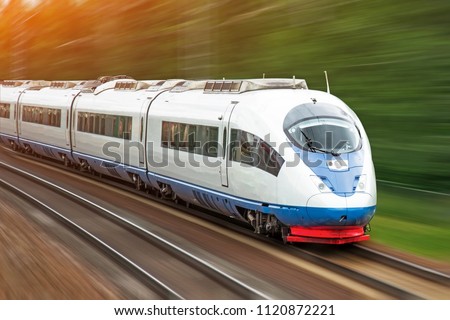 Modern high speed train at the rides through a green forest