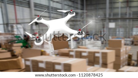 Digital composite of Drone flying by warehouse with delivery parcel boxes