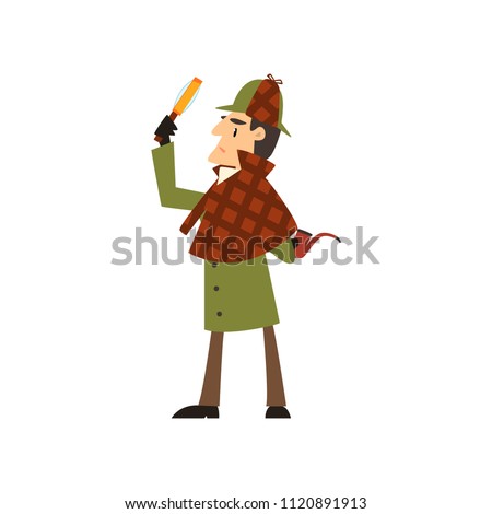 Sherlock Holmes detective character with magnifying glass and smoking pipe vector Illustration on a white background
