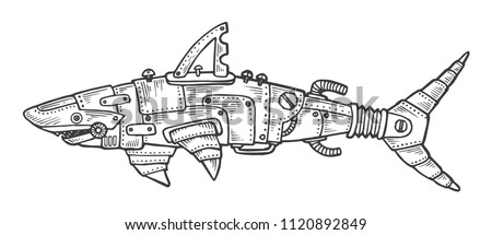 Mechanical shark animal engraving vector illustration. Scratch board style imitation. Black and white hand drawn image.