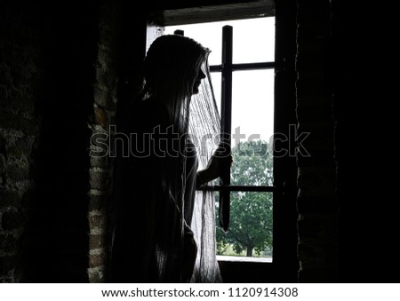Veiled medieval woman staring out of the window of her castle.