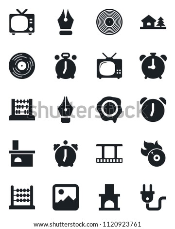 Set of vector isolated black icon - alarm clock vector, tv, abacus, stamp, fireplace, film frame, vinyl, flame disk, gallery, ink pen, house with tree, power plug