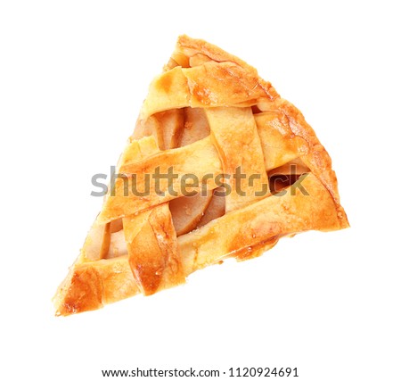 Piece of tasty homemade apple pie on white background Royalty-Free Stock Photo #1120924691