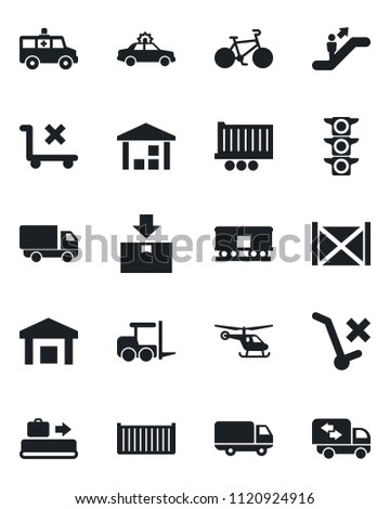 Set of vector isolated black icon - baggage conveyor vector, escalator, alarm car, fork loader, helicopter, ambulance, bike, traffic light, truck trailer, cargo container, delivery, no trolley