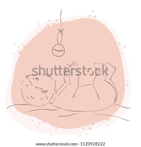 The baby is playing. Sketch vector on a pink background
