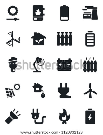 Set of vector isolated black icon - factory vector, fire, battery, low, torch, brightness, desk lamp, sun panel, windmill, heater, home control, eco house, power plug, water, radiator