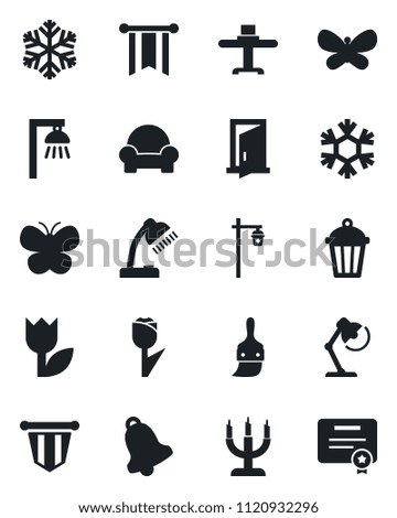 Set of vector isolated black icon - pennant vector, butterfly, garden light, tulip, themes, bell, desk lamp, cushioned furniture, restaurant table, candle, snowflake, outdoor, door, pennon