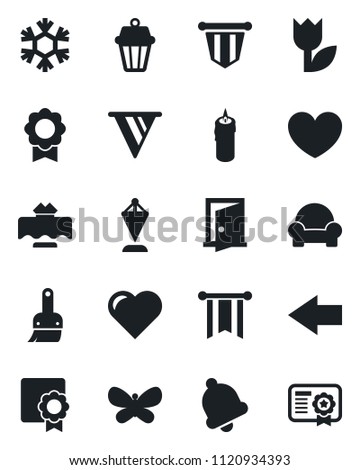 Set of vector isolated black icon - left arrow vector, pennant, butterfly, heart, tulip, themes, bell, sertificate, cushioned furniture, restaurant table, candle, snowflake, outdoor lamp, door
