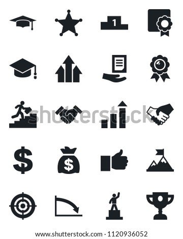 Set of vector isolated black icon - growth statistic vector, dollar sign, pedestal, medal, graduate, money bag, document, finger up, sertificate, target, handshake, career ladder, police, motivation